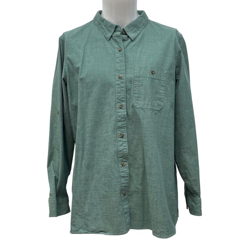 LL Bean Sunwashed Shirt 1X Green Button Down Cotton Stretch